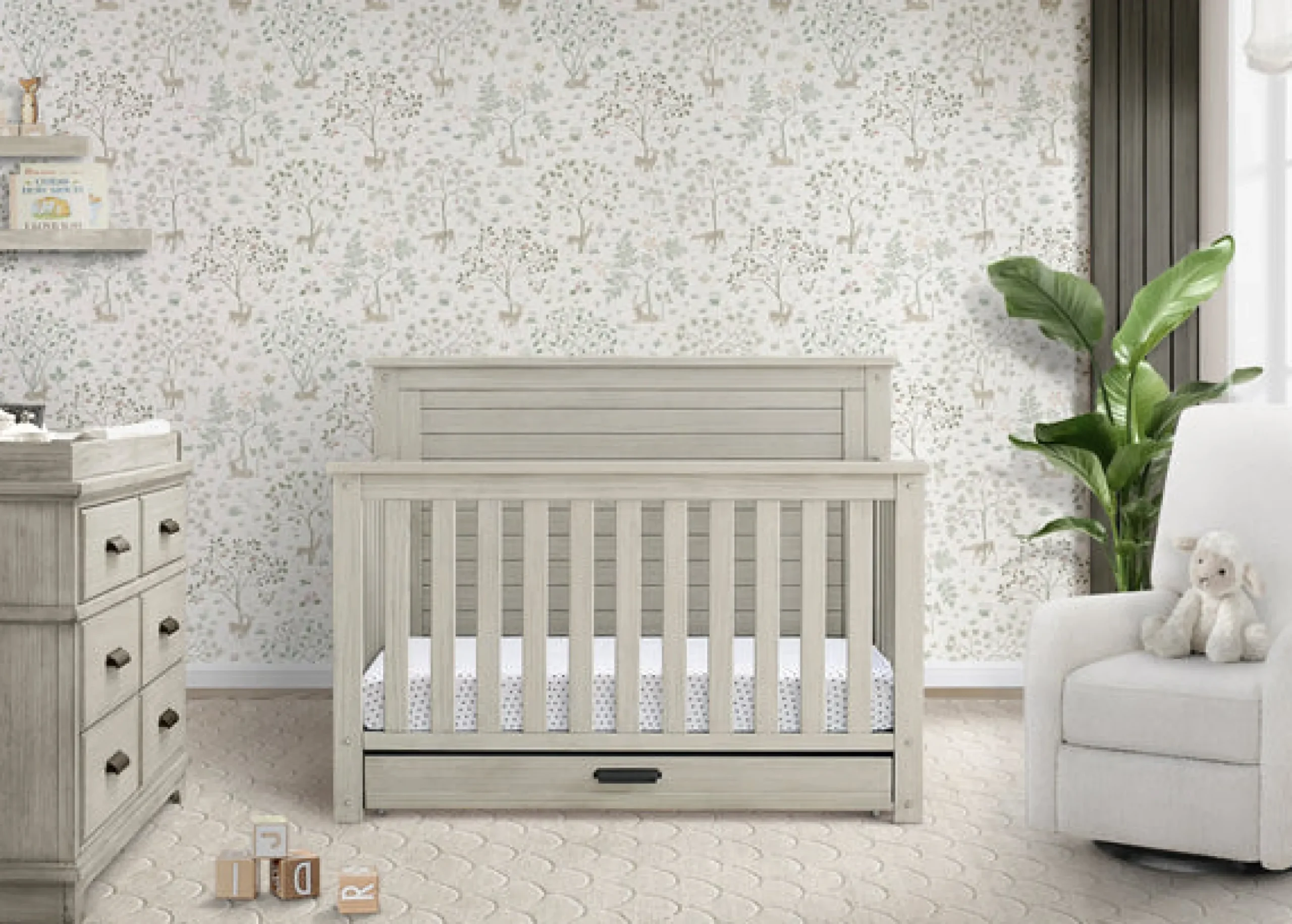 Baby Cribs*Simmons Kids Caden 6-in-1 Convertible Crib with Trundle Drawer Rustic Mist (1373)