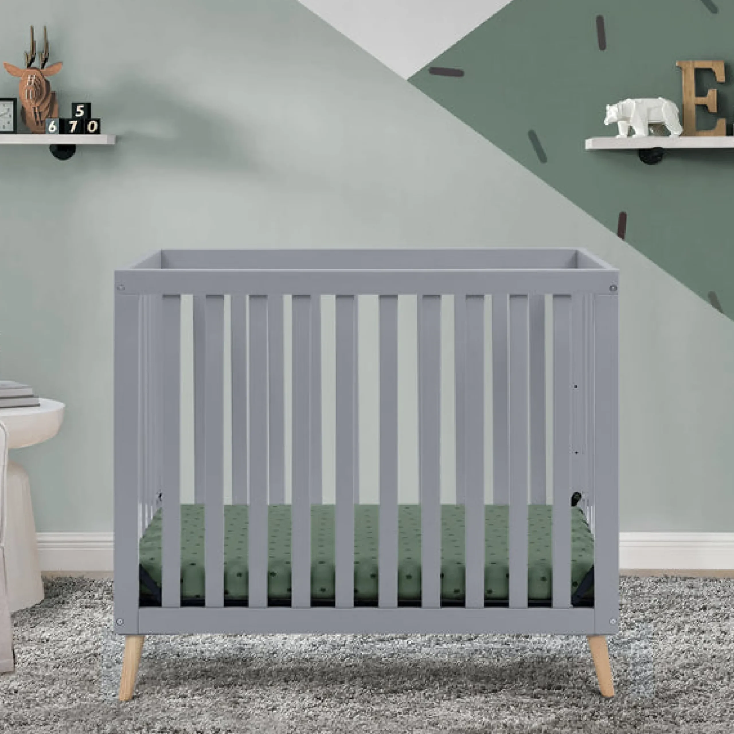 Baby Cribs*Delta Children Essex Convertible Mini Baby Crib with 2.75-Inch Mattress, Greenguard Gold Certified Grey with Natural (1359)