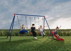 Swings & Swing Sets*Delta Children FunZone Outdoor Metal 4-Piece Swing Set - Includes 2 Swings, 1 Disc/Saucer Swing and Slide